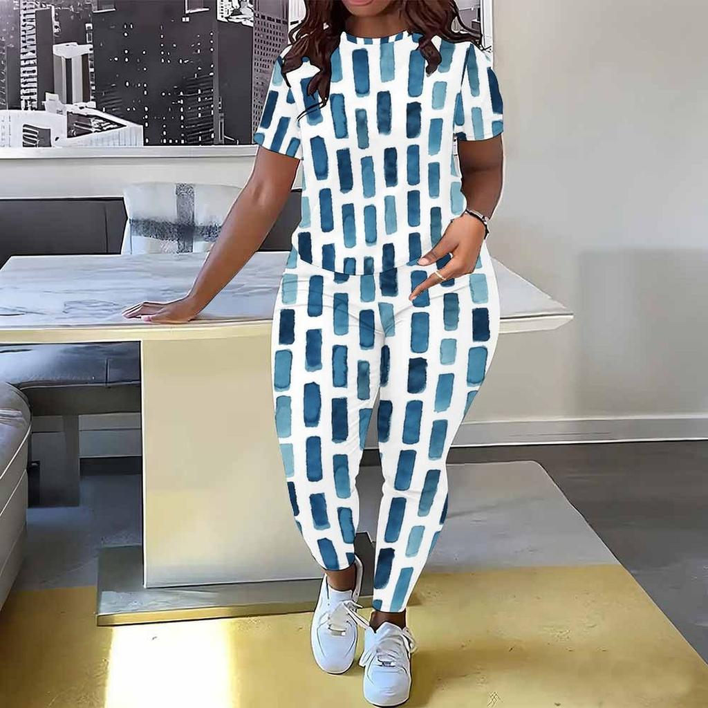 Women Plus Size Black White Printed Round Neck Short Sleeve Top Long Pants Two Piece Set