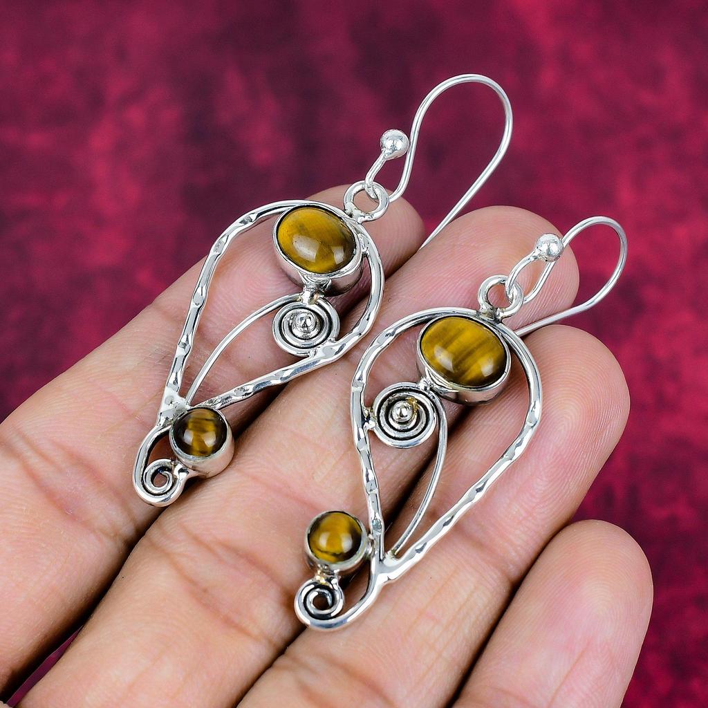 Tiger's Eye 925 Solid Sterling Silver Earrings, Handmade Gemstone Earrings, Gift For Mom Antique Jewelry