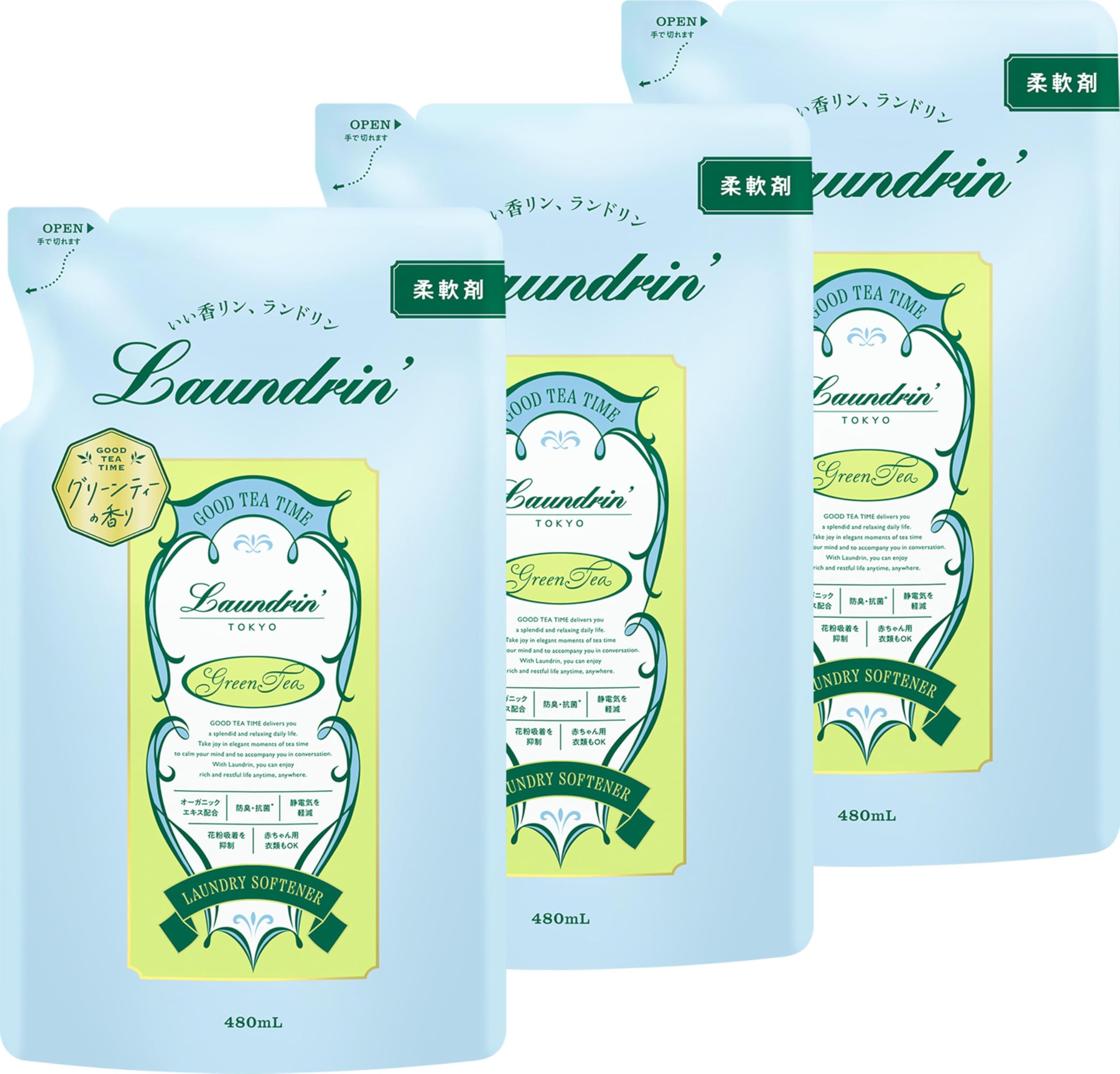 

Landrin Liquid Fabric Softener, Green Tea Scent, Refill, 480ml (x 3)