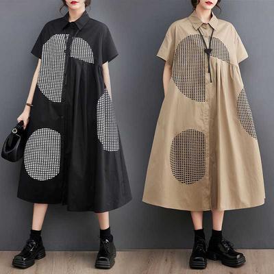 Loose Plus Print Medium Long Artistic Retro Short Sleeved Shirt Dress