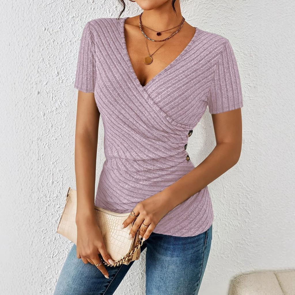 Women's Fashion Casual Color V-neck Casual Short-sleeved Top