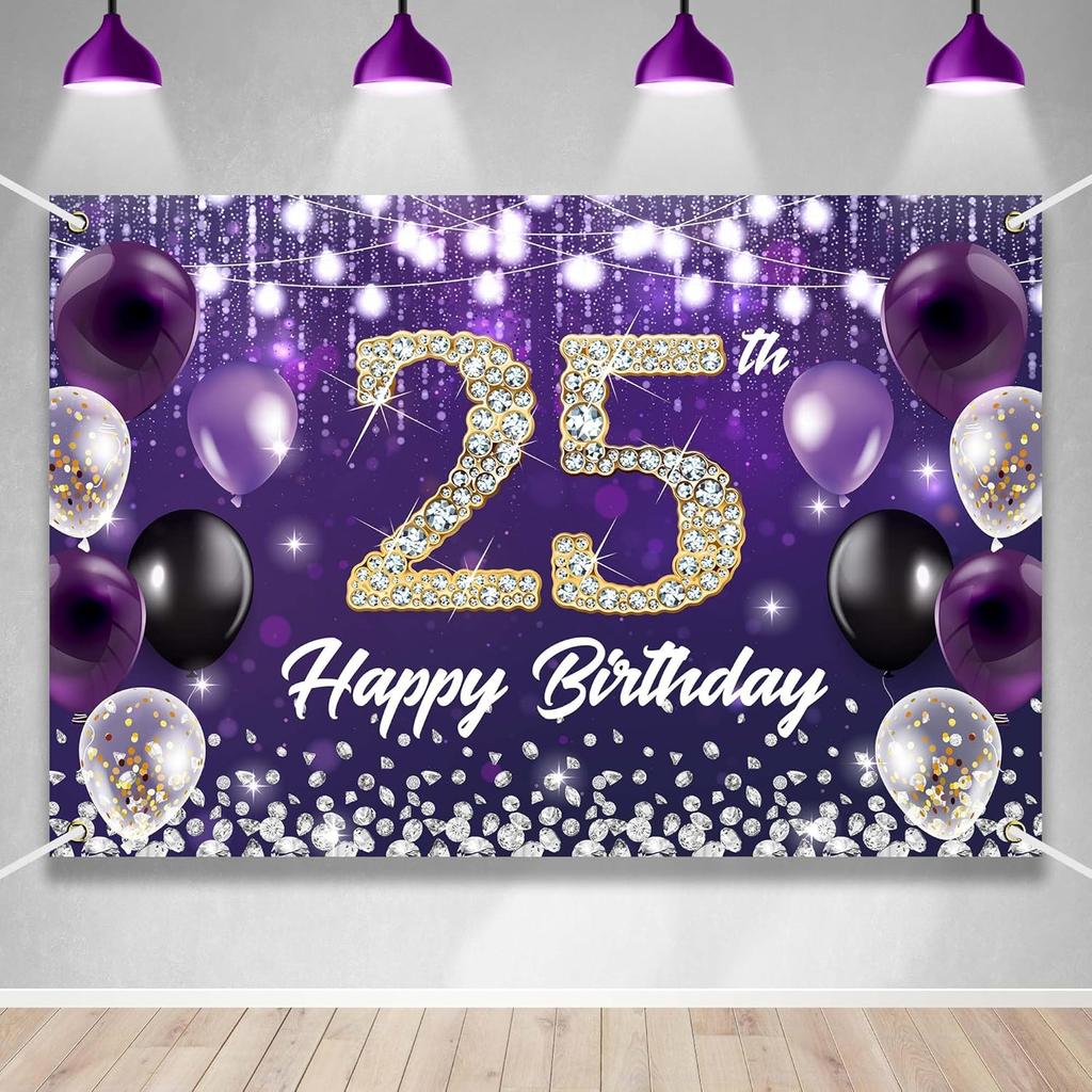 Happy 60th Birthday Backdrop Banner Purple Theme Background with Shiny Diamond Noble Elegant Birthday Party Photo Photography Prop Booth Background