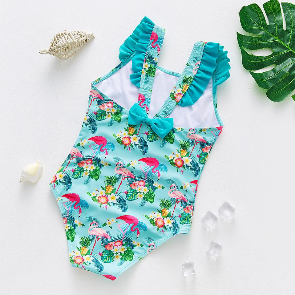 Girl Swimwear With Flamingo Print And Ruffle Shoulder Straps For Water Sports