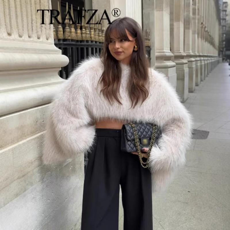 Eco-Friendly Faux Fur Short Coat Women Winter Streetwear Round Neck Long Sleeve Outerwear In Beige Black