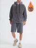 Men's Plus Size European Casual Hooded Sweatshirt & Shorts Set, Autumn/Winter Fashion, Coral Fleece