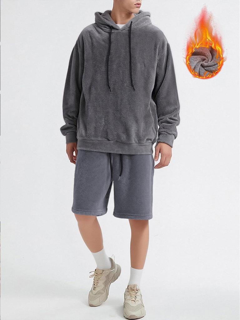 Men's Plus Size European Casual Hooded Sweatshirt & Shorts Set, Autumn/Winter Fashion, Coral Fleece