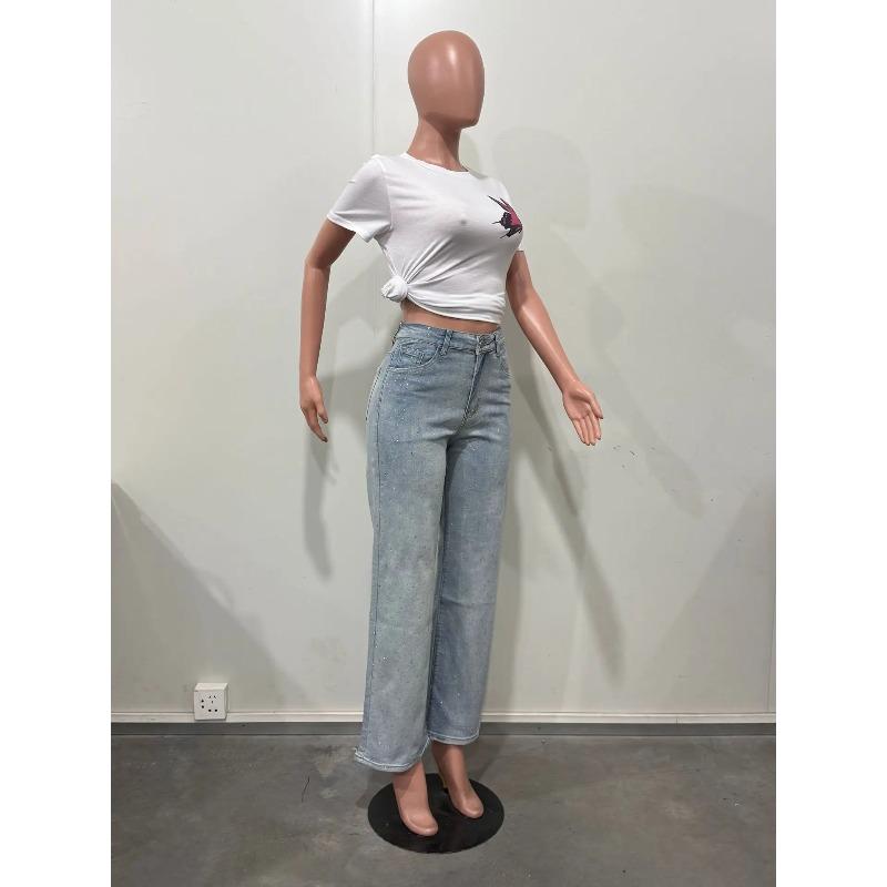 Shiny Rhinestone Jeans Pants Sexy Women High Waist Elegant Night Club Diamonds Denim Straight Trousers