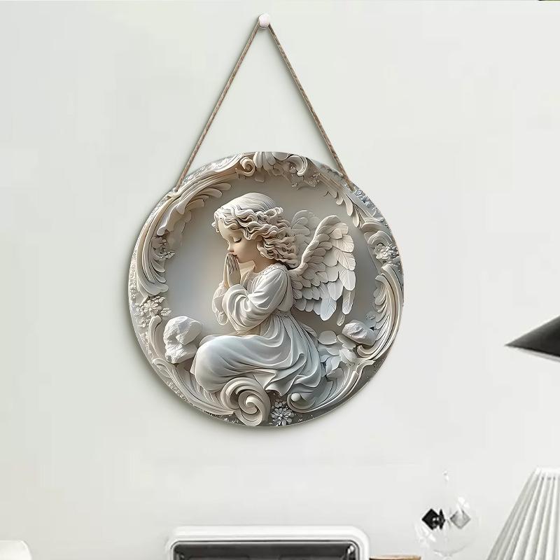 1 adet 2D Noel Melek Kanatları Kale Vaftiz Umut Akrilik 20cm/7.87 İnç Yuvarlak Duvar veya Kapı Dekorasyonu, Şükran Günü