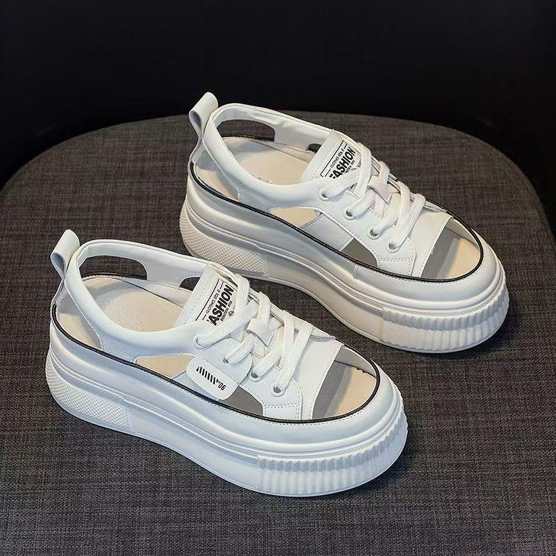 Summer New Leather Hollow Out Casual Sports Sandals Women Thick Sole Non Slip Breathable Lace Up Open Toe Casual Board Shoes