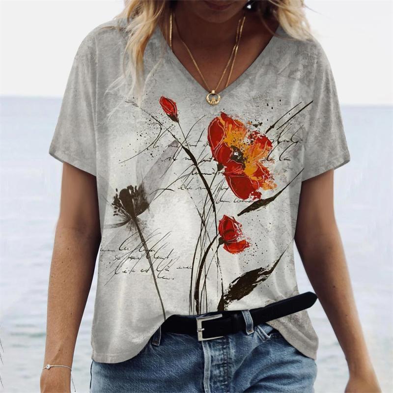 Women's T-shirts Summer Gradient Graphics Tops V-Neck Fashion Female Vintage Clothing Floral Print Tees Loose Oversized T-Shirts