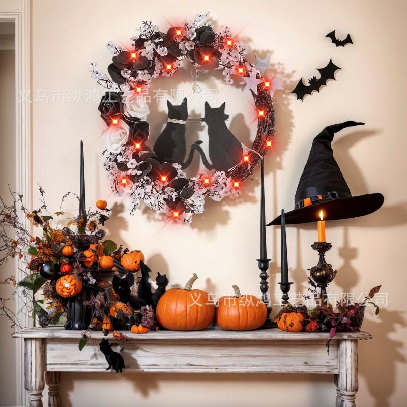 Halloween Moon Cat Wreath Decor Door Wall Hanging Couple Cats Wooden Craft Festival Party Decoration