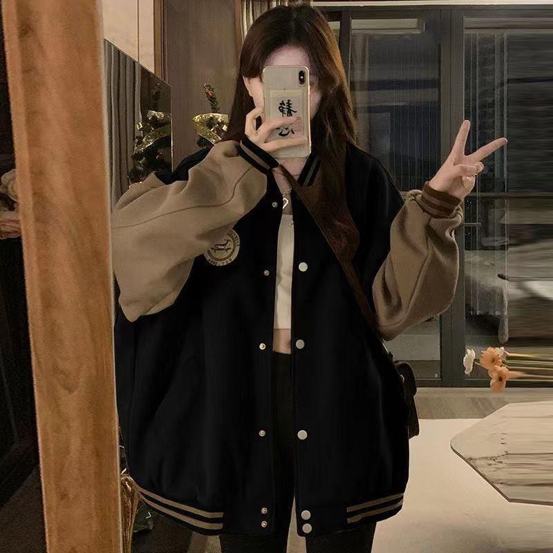 Womens Oversized Baseball Jacket Warm Loose Hoodie Cardigan Casual Streetwear With Embroidered Patch