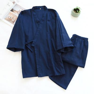Pyjama kimono printemps et été pour homme en coton deux pièces avec pantalon simple à manches trois-quarts