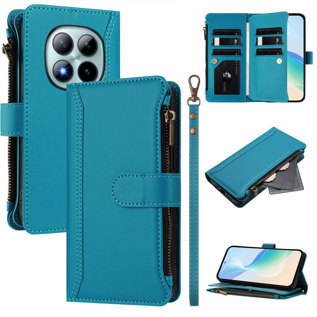 For Xiaomi Redmi Note 15 Pro+ 5G Leather Case 9 Card Slots Zipper Wallet Stand Phone Cover with Wrist Strap