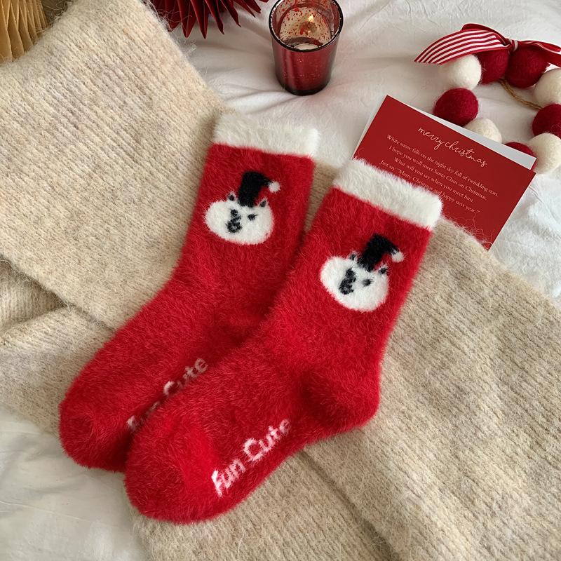 Weihnachtsjahr Rote Socken Damen Herbst und Winter Fleece Verdickt Nerzfleece Cartoon Niedlich Damen Socken Flauschig Mittellange Socken Damen