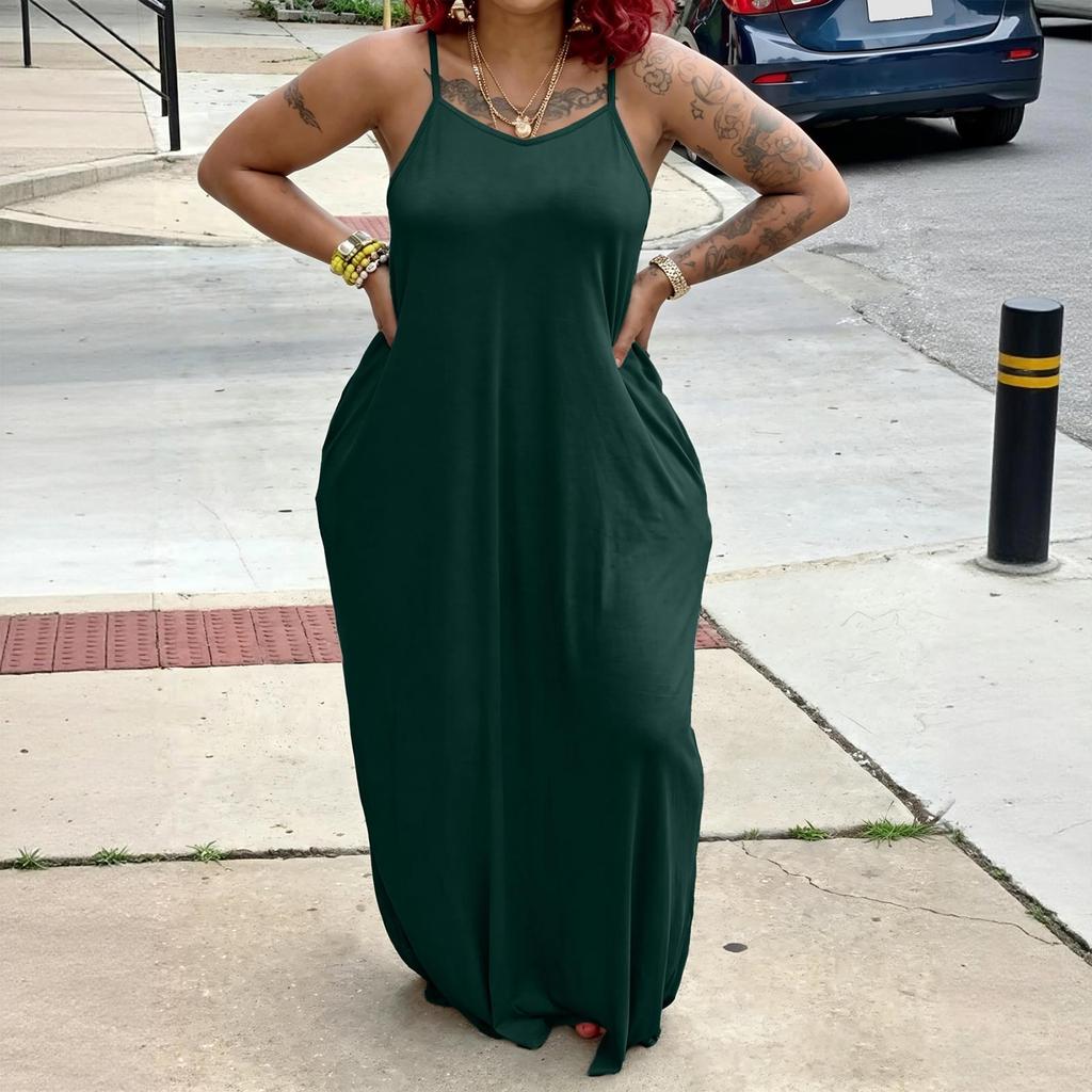 Women's Loose Fit Sleeveless Maxi Dress Casual Spaghetti Strap Relaxed Style Long Dress with Pockets for Summer Fashion