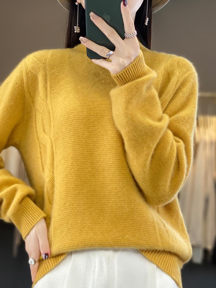 Women's Cable Knit Wool Sweater - Half-High Neck, Loose Fit, Thickened Seven-Stitch Base Layer for Autumn and Winter