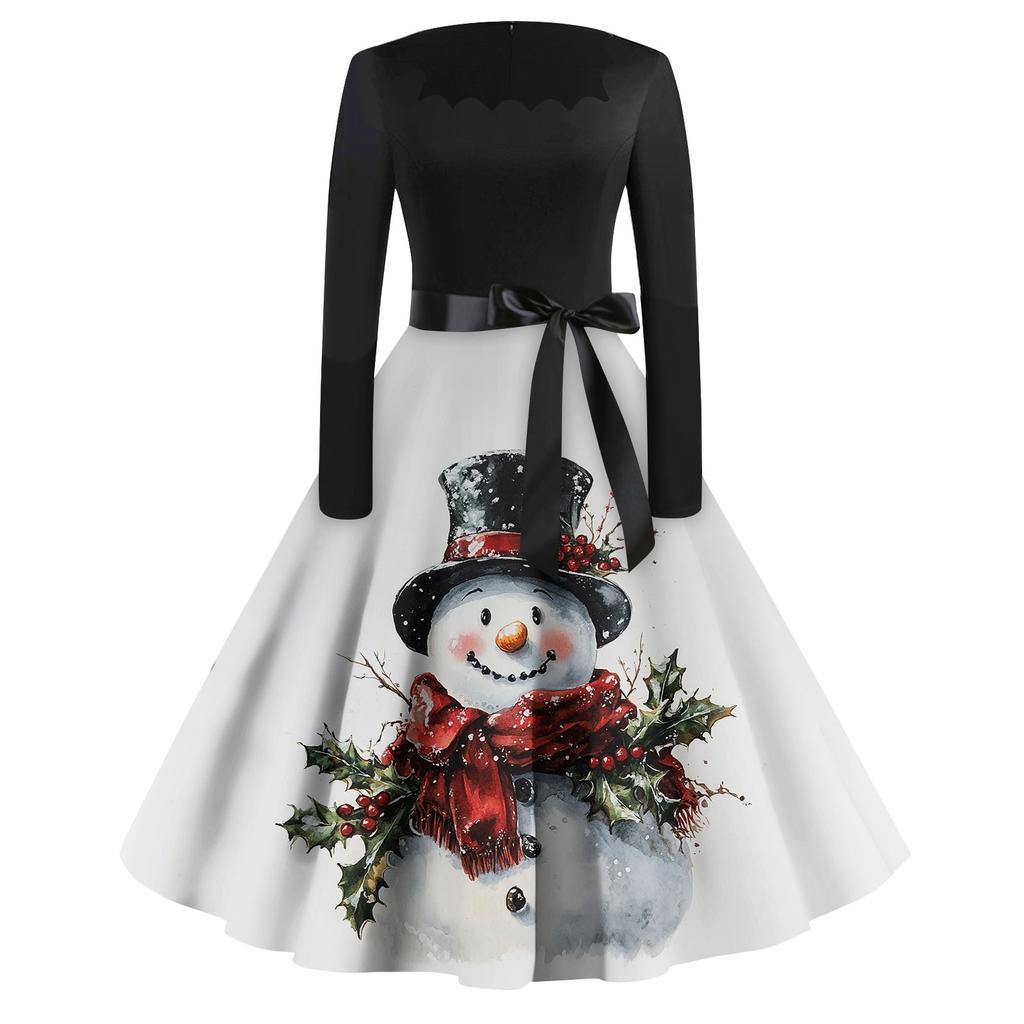 Dámské ležérní módní tištěné retro šaty se čtvercovým výstřihem a dlouhým rukávem