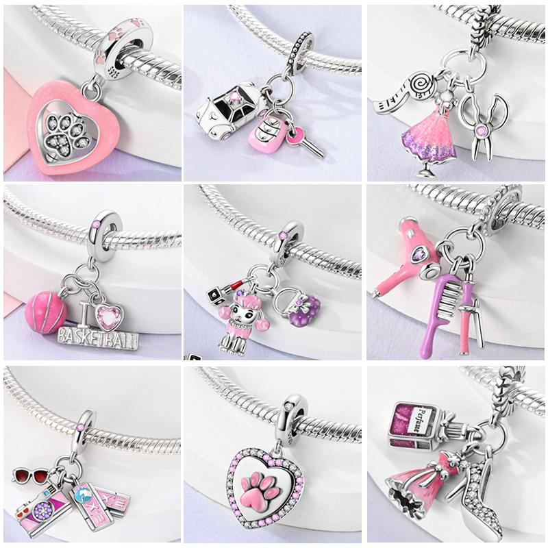 New Copper Charms Beads Pink Series Perfume Cake Princess Skirt Pendant Fit Original Bracelet Diy Jewelry Gifts