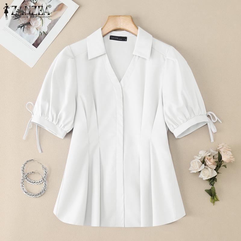 ZANZEA Women Turn Down Collar Summer Casual Short Sleeve Blouse