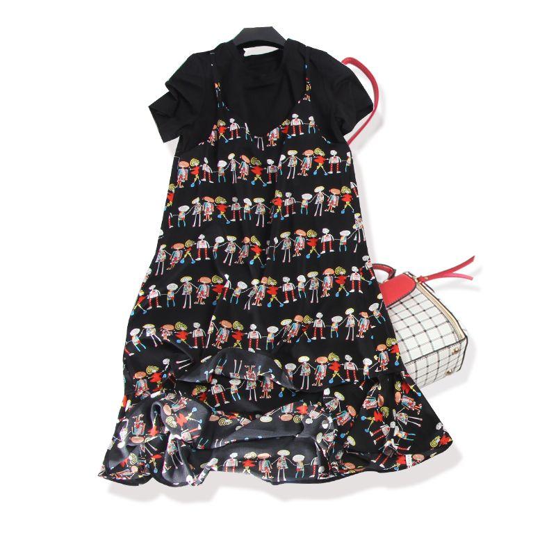 

Youth and Childlike Innocence Forever! Fake Two-Piece Contrast Color Cartoon Girlish Short Sleeve Dress Younger Travel Skirt over the Knee Black 3XL