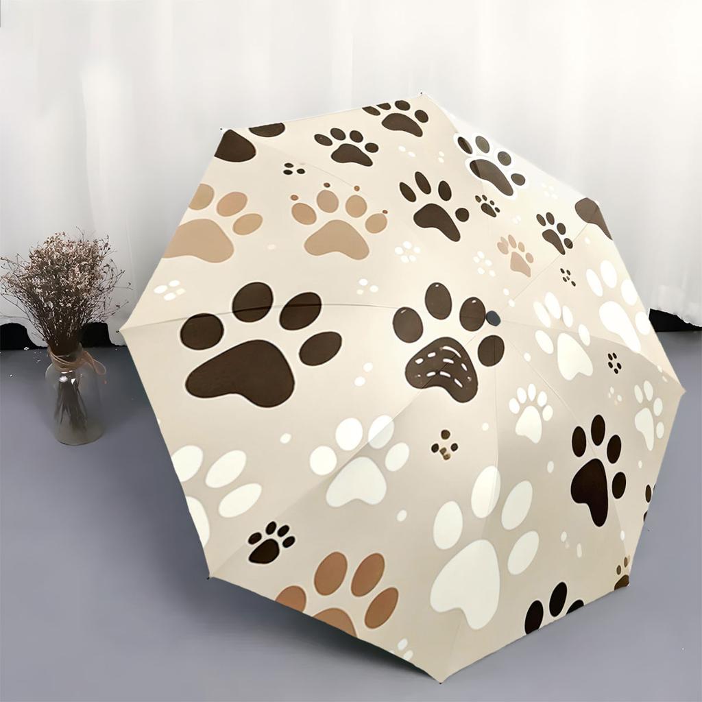 Automatic Folding Umbrella The Umbrella Features a Pattern of Various Colored Animal Paw Prints. Portable Collapsible Design, Casual Outdoor
