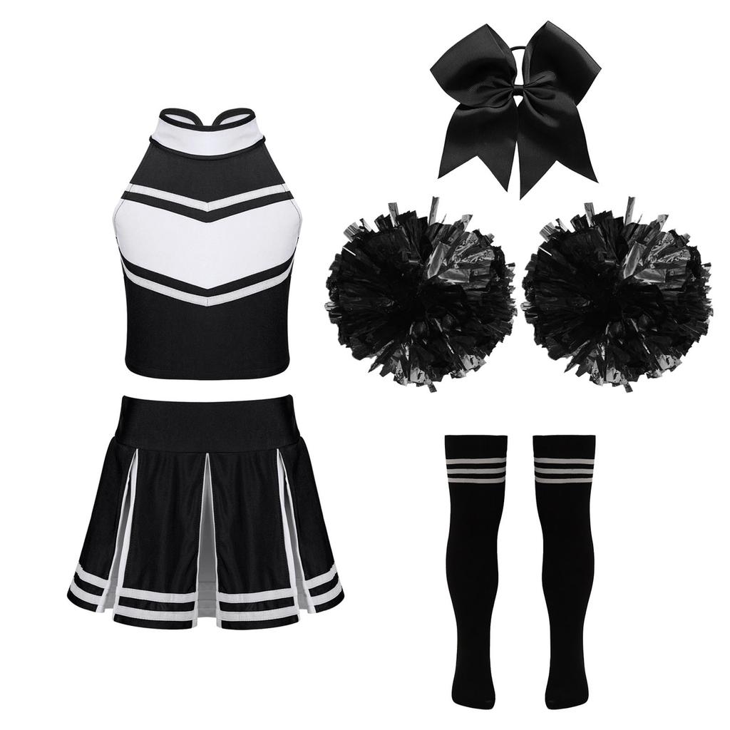 Kids Girls Cheerleading Set Sleeveless Zipper Top Pleated Skirt Bowknot Headwear 2 Hand Flowers Striped Tube Socks for Performance