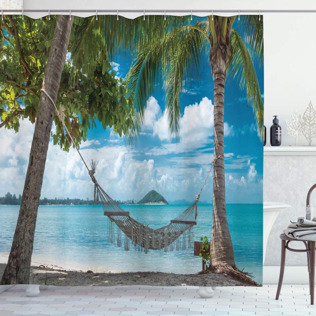 Palm Trees Beach Shower Curtains Sea Waves Island Vacation Hawaii Nature Scenery Summer Fabric Bathroom Decor Bath Curtain Hooks