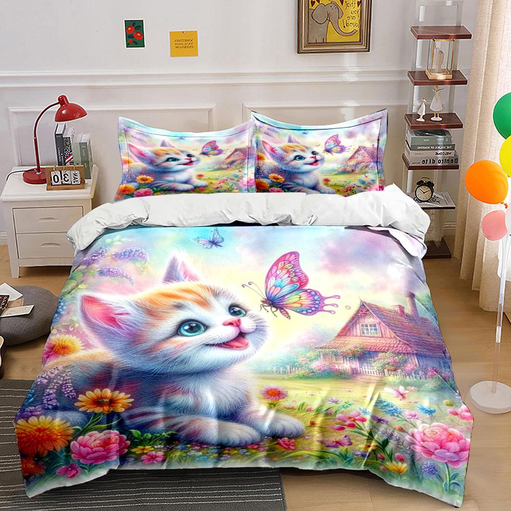 Kitten, Butterfly, Flowers, Cottage. Bedding Sets Duvet Cover Sets Duvet Covers Pillowcases(1*Duvet Cover 2*Pillowcases Without Duvet Insert)