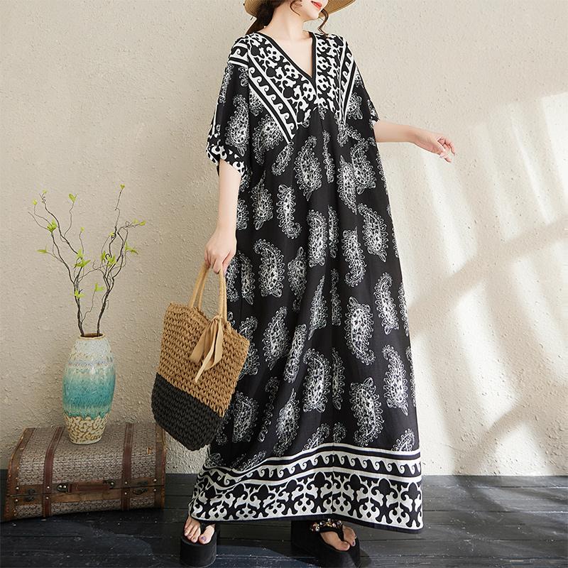 

DIMANAF Summer Women New 2025 Basic Plus Size V-Neck Dress Casual Linen Short Sleeve Dress Loose Printing Dress One Size чёрный