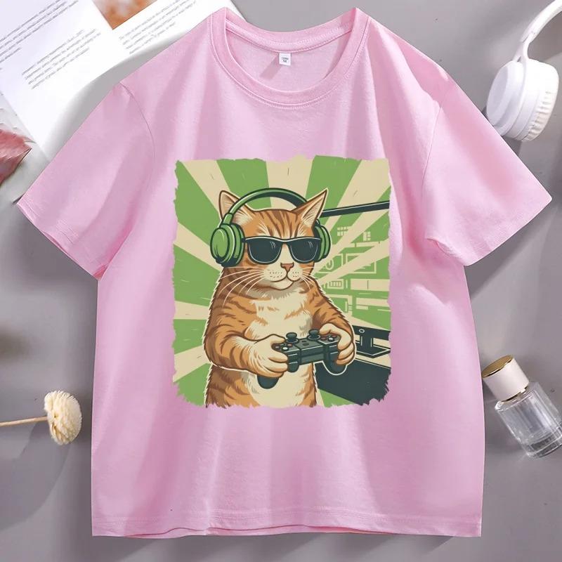 Gamer Cat TShirt Video Game Cat TShirt Funny Graphic Tee Cat Dad Short Sleeve TShirt Casual Short Sleeve Crew Neck Top