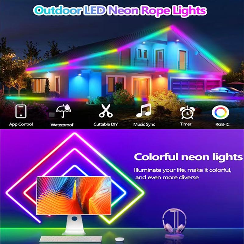 LED Neon Halat Işıklar Uygulama/Uzaktan Kumandalı, Esnek IP68 Dış Mekan RGB Işık Su Geçirmez, Müzik Senkronizasyonlu Oyun Şerit Lamba Yatak Odası İç Mekan için