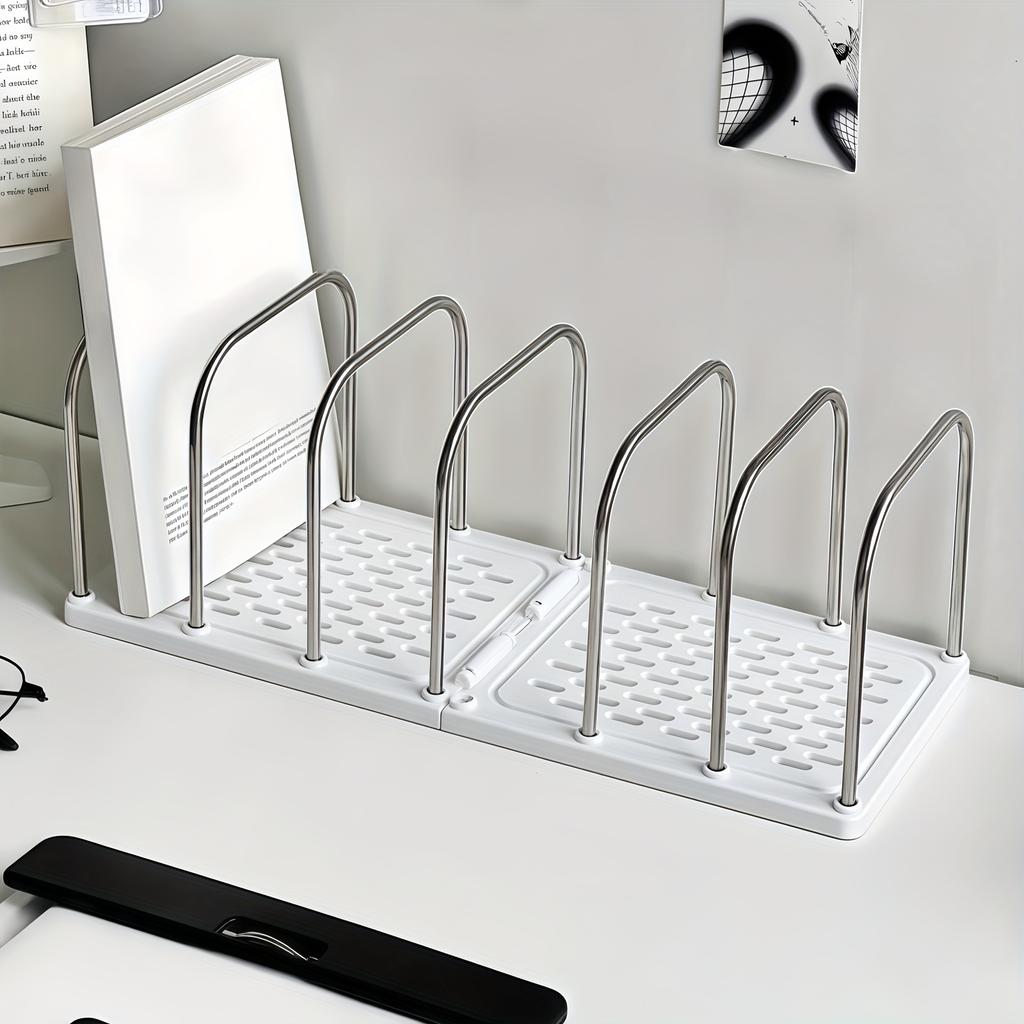 1PC Stainless Steel + PP Desktop Bookshelf, Non-slip Base with Adjustable Partition Vertical Small Bookstand