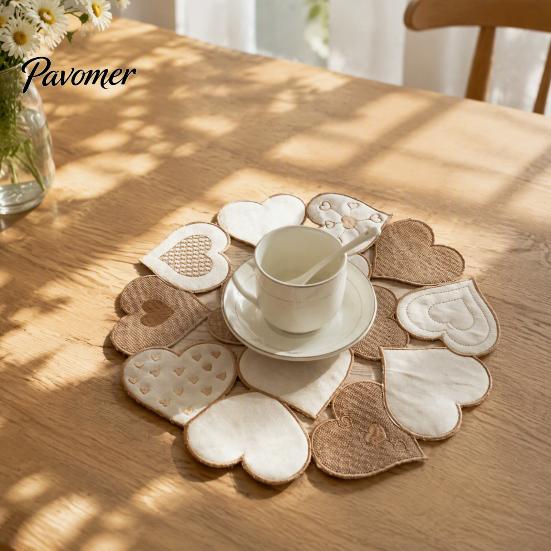 Rustic Style Placemats for Theme Displays Heart Applique Round Placemat Vintage Embroidered Hollow-Out Table Mat Dining Hollow Embroidery Linens