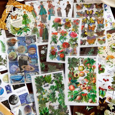 Yanji Retro Illustration Sticker Pack: Artistic Plants & Butterflies for Journaling, 8 Sheets.