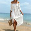 Women Off Shoulder Midi Dress Three Quarter Sleeve Pleated Linen Cotton Blend Loose Fit High Waist Side Slit Summer Casual Dress