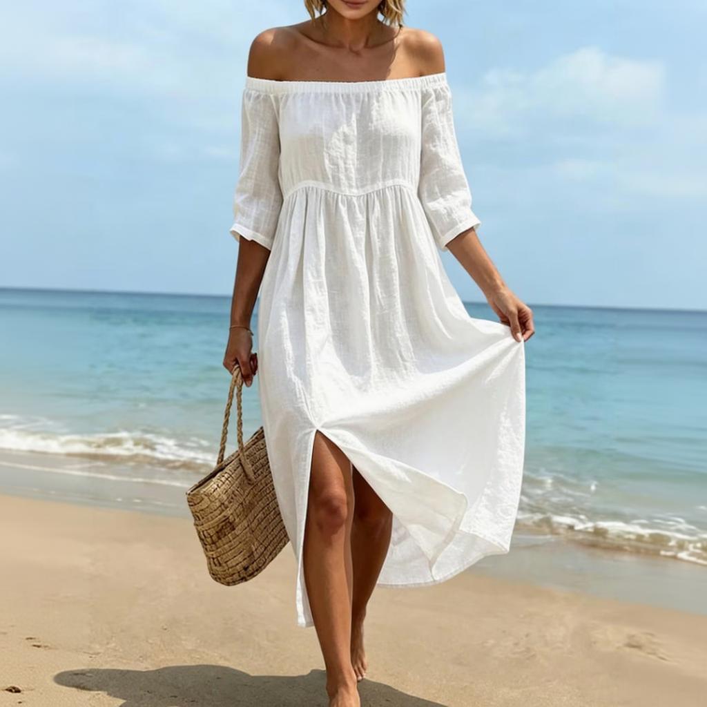 Women Off Shoulder Midi Dress Three Quarter Sleeve Pleated Linen Cotton Blend Loose Fit High Waist Side Slit Summer Casual Dress