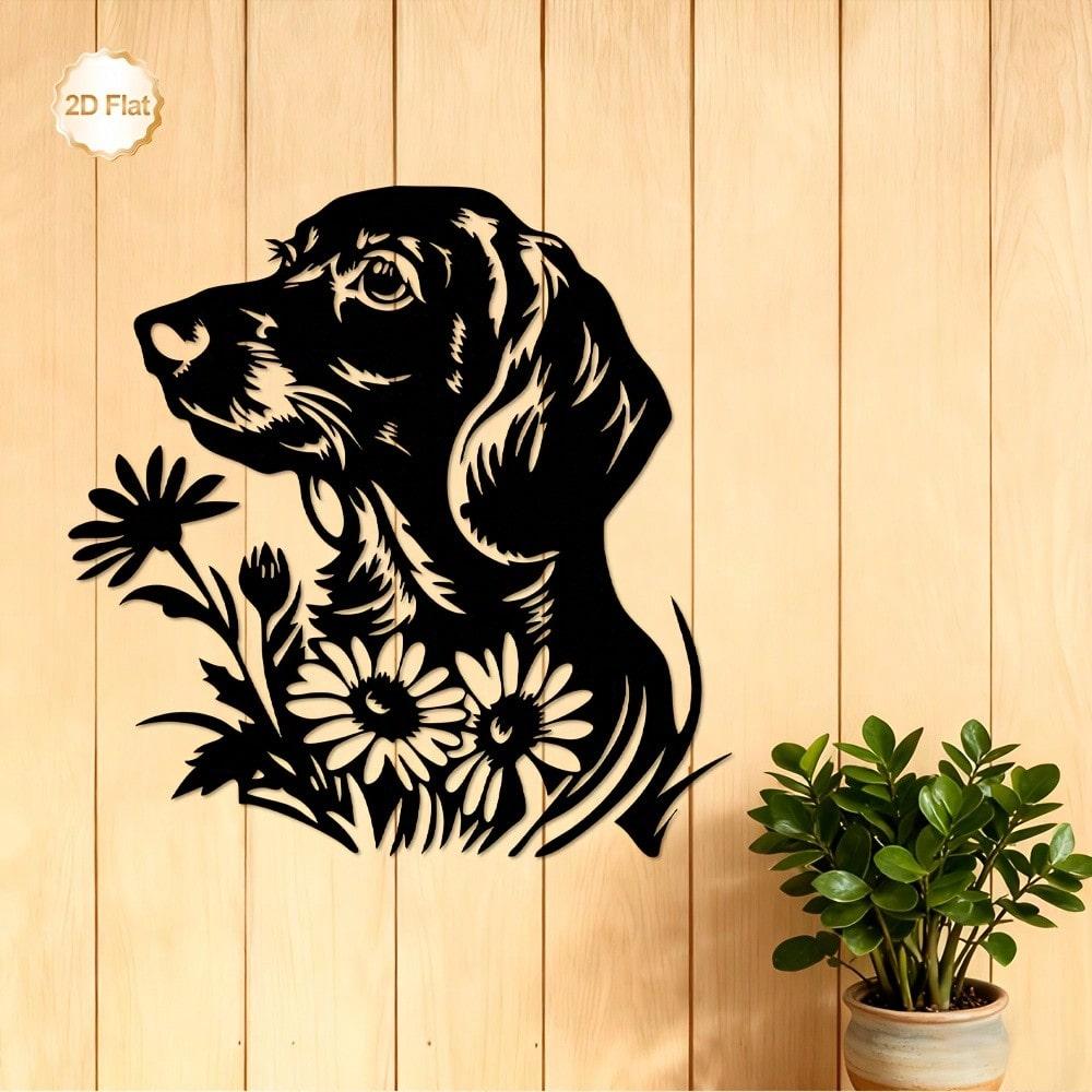 Dachshund with Daisies 2D Flat Metal Wall Art, Iron Wiener Dog Sculpture for Home Garden Decor & Gift