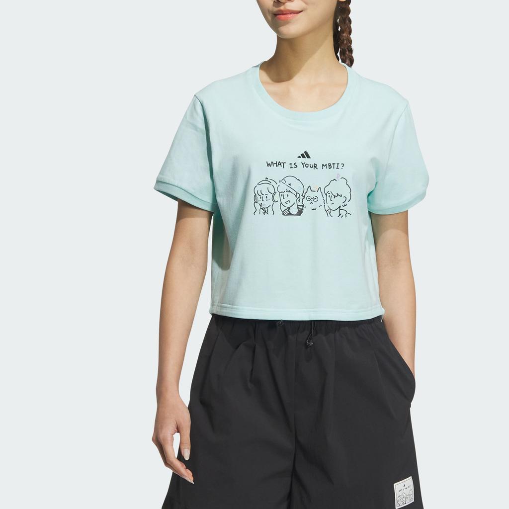 Adidas Graphic Crop Cartoon Alphabet Logo Print Round Neck Short Sleeve T-Shirt Women Tops Light-Blue JN6664