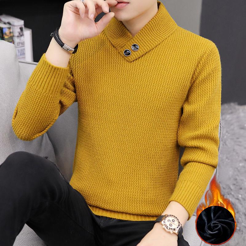 Herren Pullover Strickpullover Herbst und Winter Kleiner Revers Unterhemd Plus Samt Verdickt Einfarbig Herren Pullover M gelb