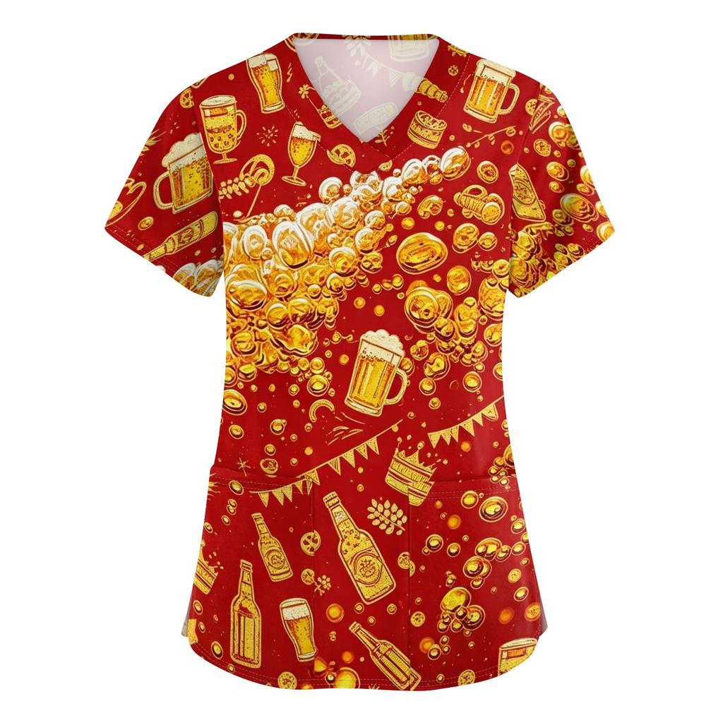 Womens V Neck Short Sleeve Work Shirt with Pockets Beer Festival Print Casual Medical Scrub Top for Caregivers Nurses and Hospitality Staff