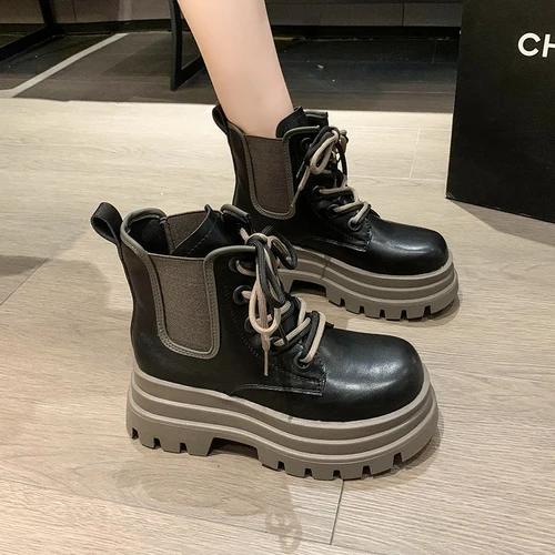 Fashion Autumn Chunky Ankle Boots 2024 New Women's Round Toe Thick Bottom Winter Boots Black Platform Short Boots Woman Wedge 7cm Heels