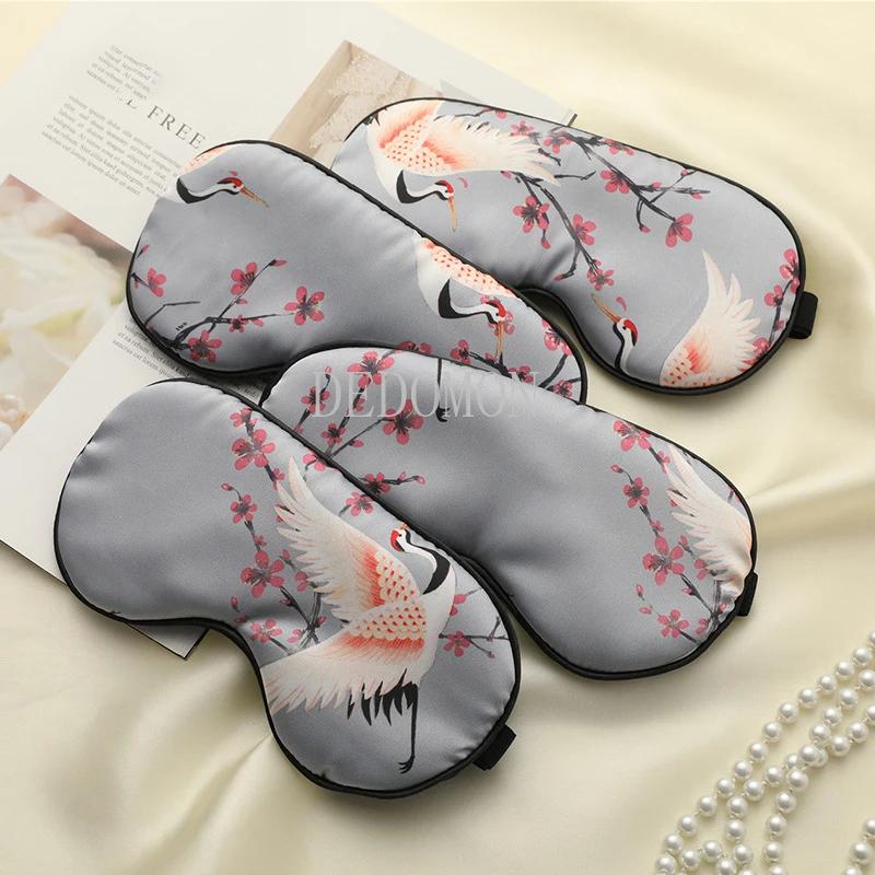 Silk Sleep Eye Mask For Women Men Soft Crane Print Blindfold Portable Night Mask Relaxing Eye Cover