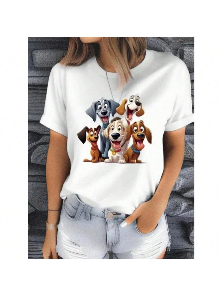 Women's Cute Cartoon Animal Print Round Neck Short Sleeved T-Shirt Dog Cotton T-Shirt Minimalist Retro Street Women's T-Shirt