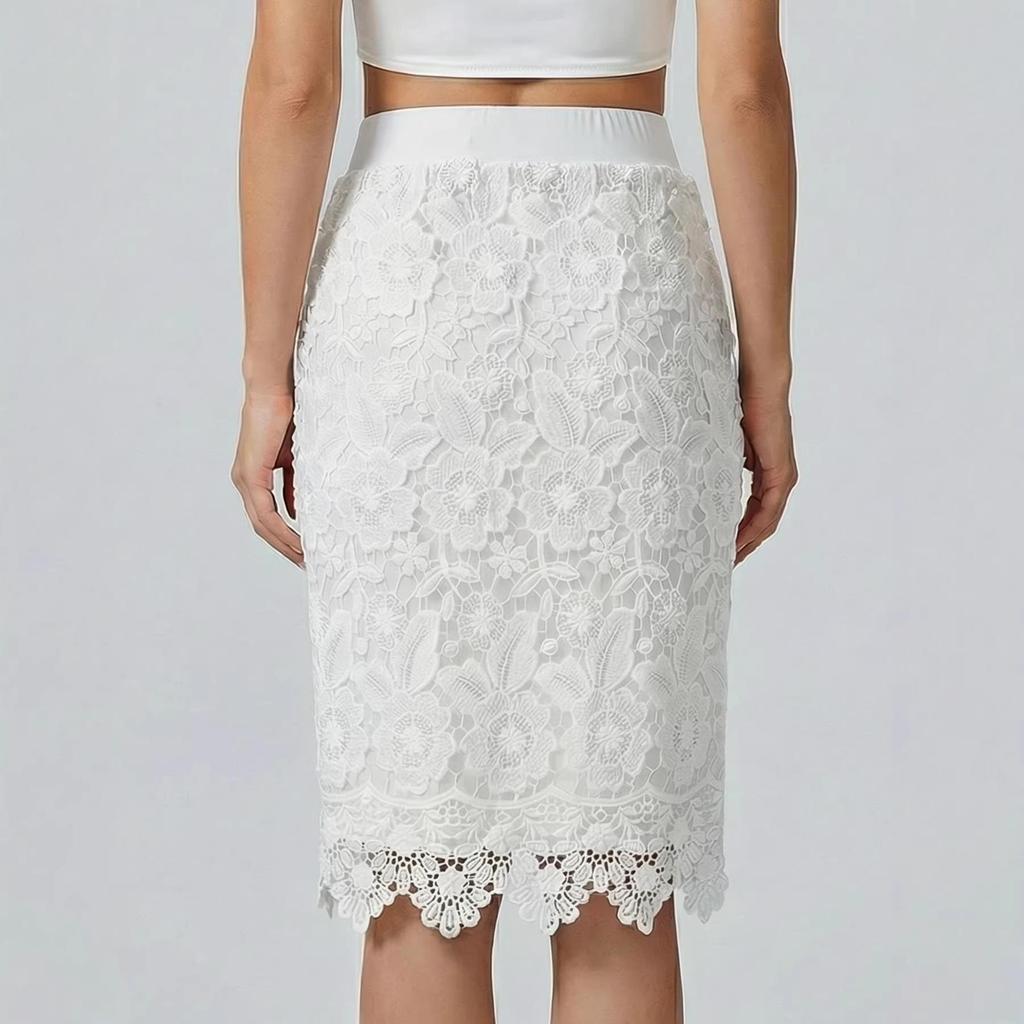 Elegant High-Waisted Lace Midi Skirt - Slim Fit, Hollow Design, Hip-Hugging Style for Women
