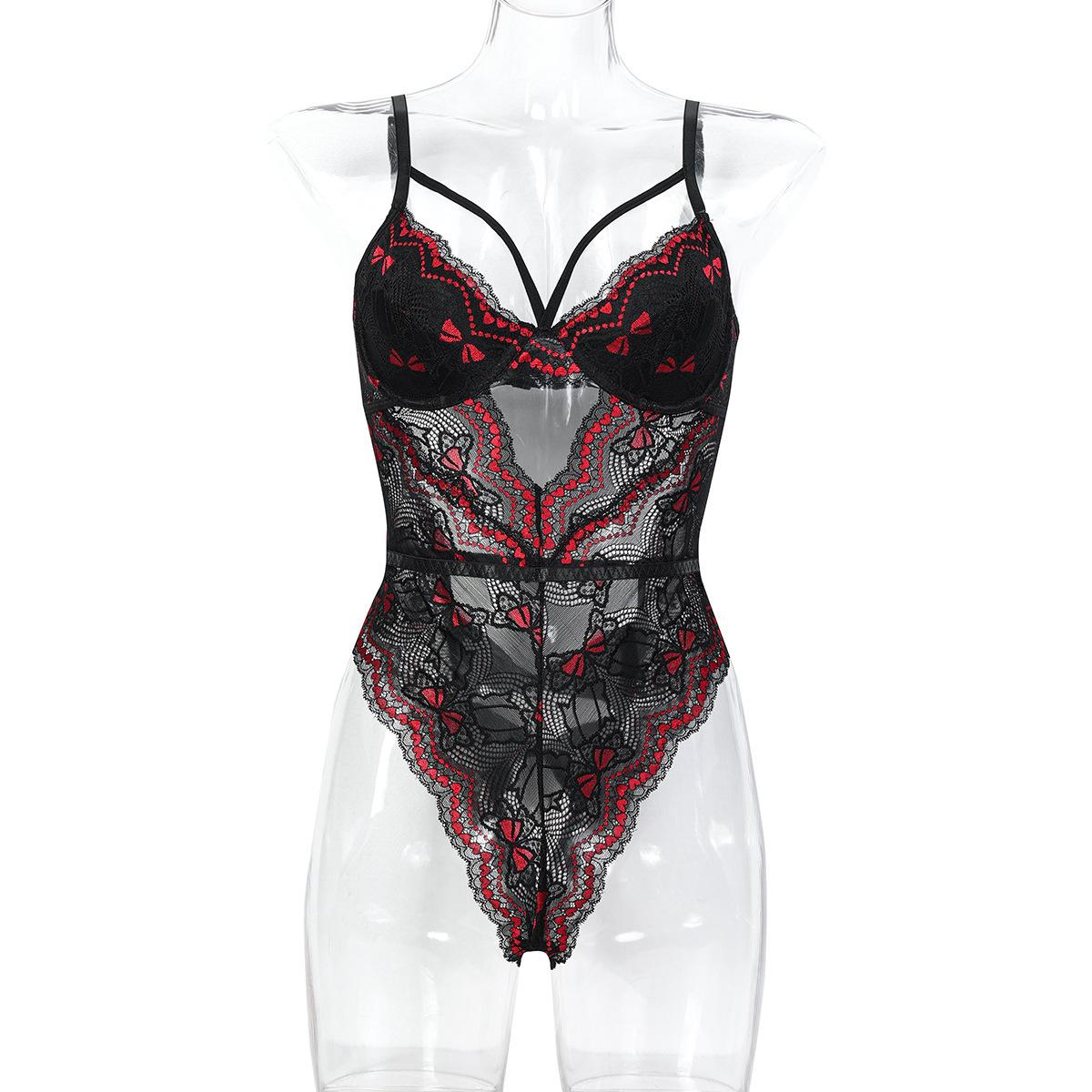 

2026 New Red Lace Bow Printing Set Sexy Suspender Valentine s Day Bodysuit Women 3749 L чорний