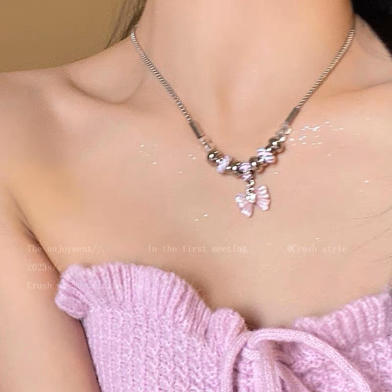 Color dopamine pearl love necklace female niche design temperament versatile bow collarbone chain beaded neck chain