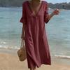Abito Midi da Donna in Cotone e Lino Manica a 3/4 Scollo a V in Pizzo Linea ad A Vestibilità Rilassata Casual per Vacanza al Mare con Tasche