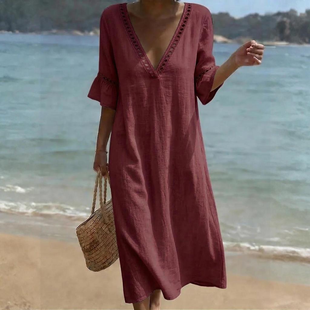 Abito Midi da Donna in Cotone e Lino Manica a 3/4 Scollo a V in Pizzo Linea ad A Vestibilità Rilassata Casual per Vacanza al Mare con Tasche