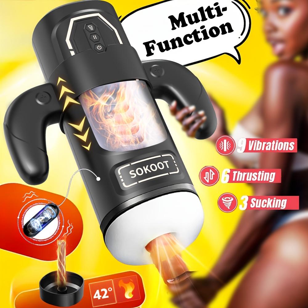 Male Vibro Massage Cup – 9V/6Thrust/3Suck+Heat, Auto-Suction, Rechargeable, Silicone, Easy Clean, Disposable Heads, Pleasure Toy